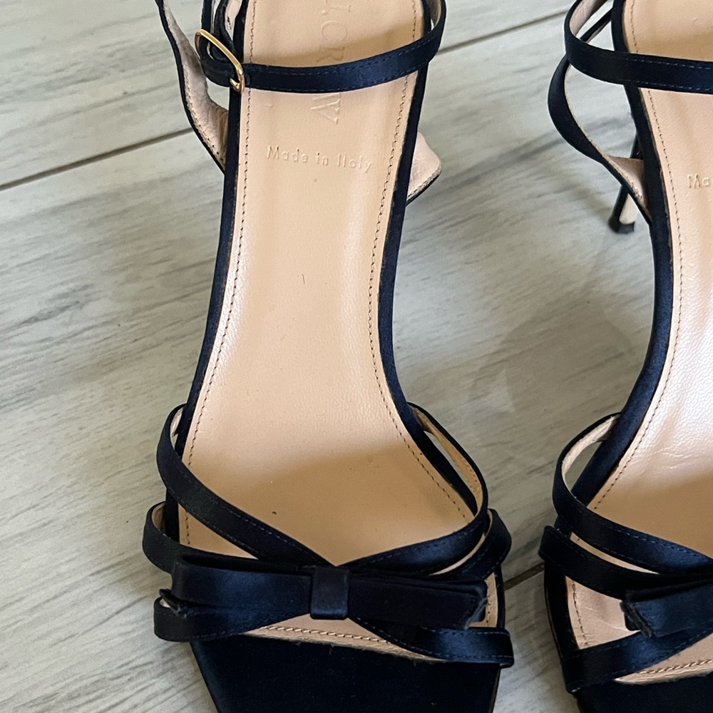 J Crew Navy Blue Satin Bow  Open Toe Anckel Straps Heels 7.5 - Picture 2 of 12